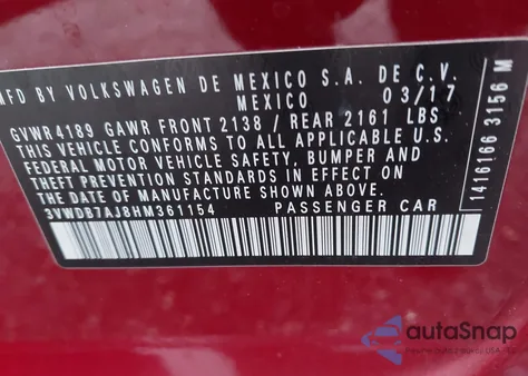 2017 Volkswagen Jetta 1.4T Se z USA, uszkodzony, nr VIN 3VWDB7AJ8HM361154